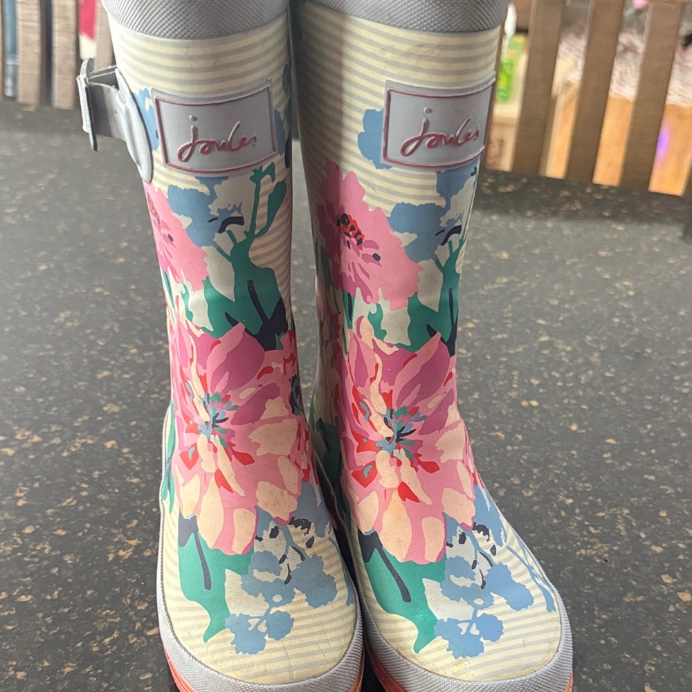 Joules Striped Floral Rain Boots with Buckle